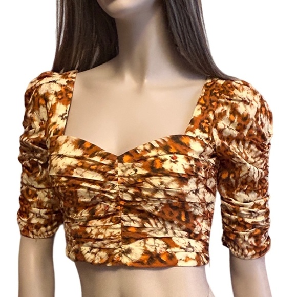 Zara Crop Top Blouse Sweetheart Neck Floral Pleated Bodice Ruched Sleeve NWOT - Picture 10 of 16